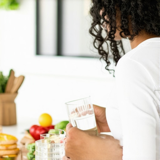 Person organizing high-protein snacks and a glass of water in a bright kitchen space.