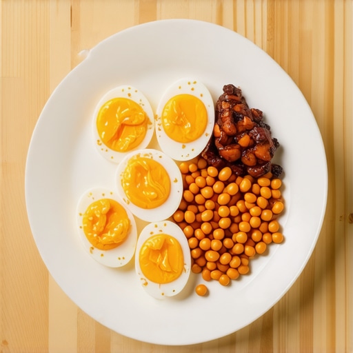 Plate filled with chicken, eggs, and beans to illustrate a protein-rich meal.