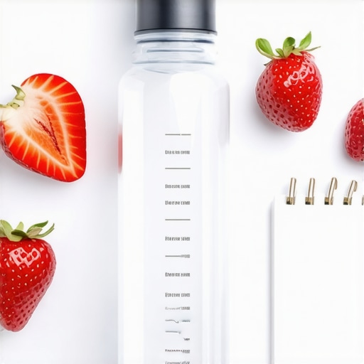 Water bottle with hydration markings next to fruit and a notebook
