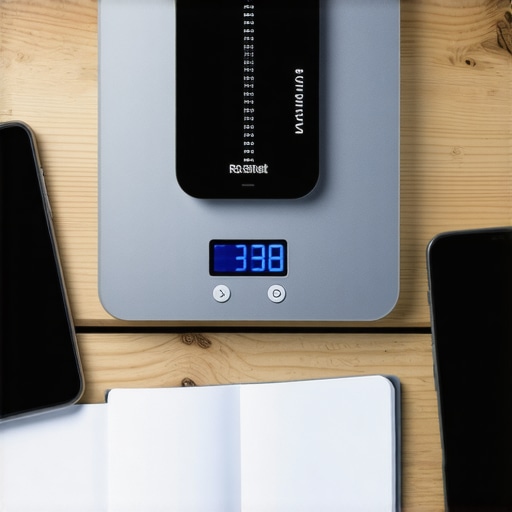 Long-term Tirzepatide Monitoring Tools A digital Bluetooth scale connected to a smartphone displaying health metrics, alongside a medication journal.