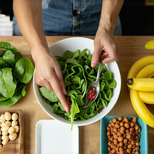 A colorful plate of healthy foods including greens, bananas, and nuts for electrolyte support