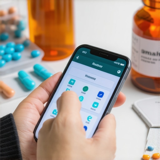 Person using app to track tirzepatide injections with medical tools in background.