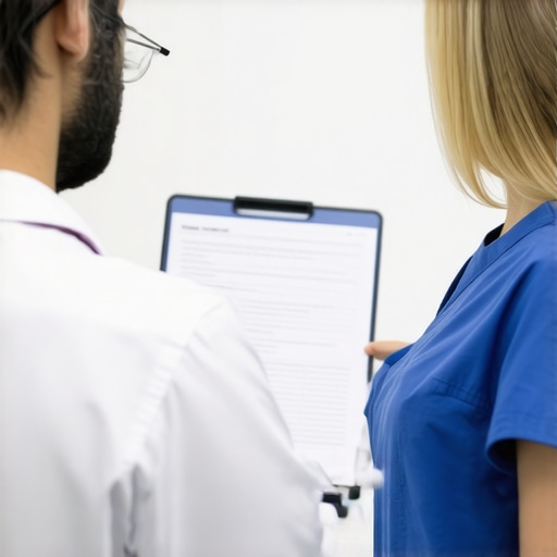 Healthcare professional reviewing electrolyte blood work with patient in clinic.