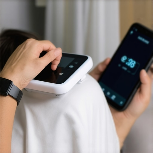 Person standing on a digital body composition scale, wearing a sleep tracker, and using a nutrition app on a smartphone to track progress.