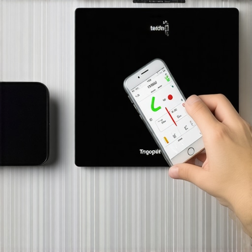 Person standing on a bioimpedance scale while checking a smartphone app for health tracking.