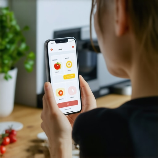 Monitoring Your Weight Loss Journey with Technology Person using a smartphone app to track nutrition and blood sugar during their NJ tirzepatide program.