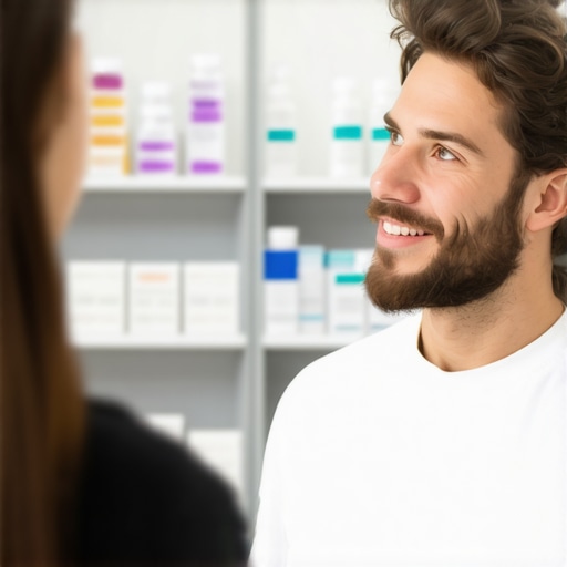A patient speaking with a NJ pharmacist about tirzepatide availability in a bright pharmacy setting.