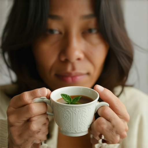 Person holding peppermint tea cup, preparing for tirzepatide injection in NJ