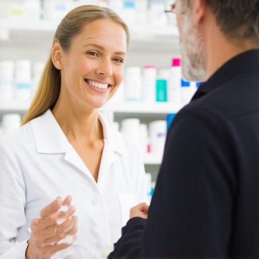 Pharmacist providing cost-saving advice to a patient in a NJ pharmacy.