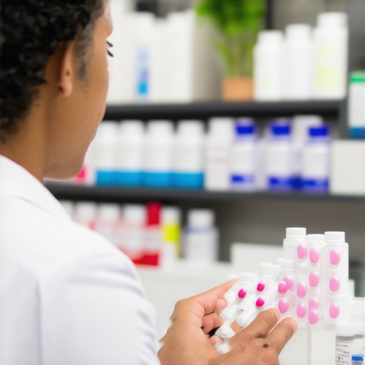 NJ pharmacy counter with pharmacist preparing tirzepatide injection
