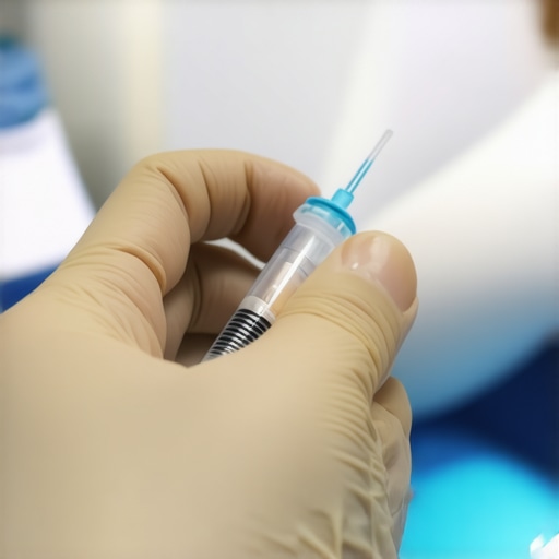 Person using a precise syringe and alcohol swab for tirzepatide injection in a medical environment