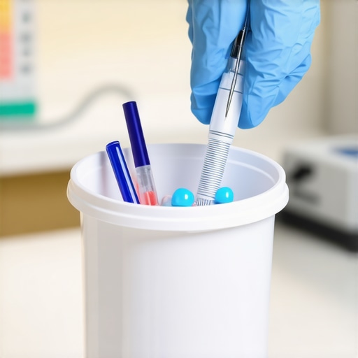 Medical professional discarding tirzepatide pen into a sharps container