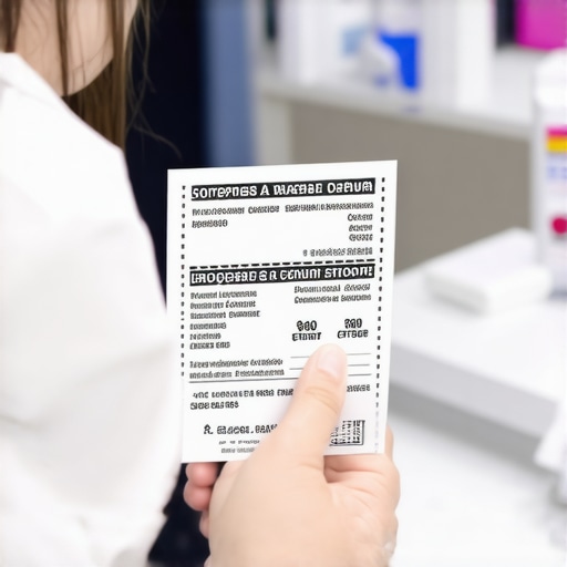 Person comparing prescription coupons at pharmacy in New Jersey.