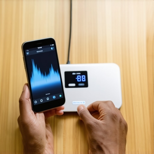 Person standing on a digital scale connected to a smartphone for weight monitoring.