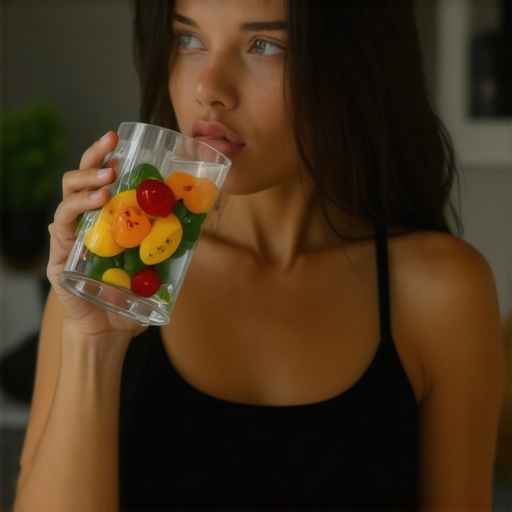 A woman drinking water in a bright kitchen surrounded by fruits and vegetables