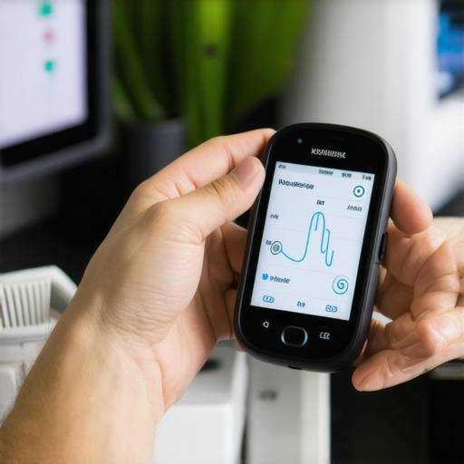 Tech-Savvy Weight Loss Maintenance Individual monitoring blood glucose levels with a digital device, illustrating modern tools for sustained weight management.