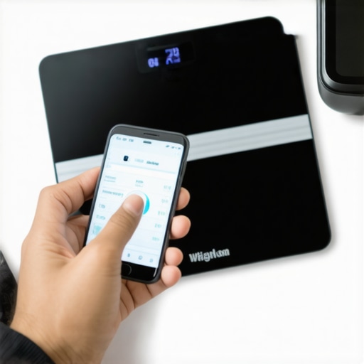 Tools for Long-Term Weight Loss Success A person monitoring health data on a smartphone with a smart scale and fitness tracker on the table.