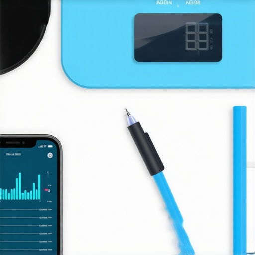 A smartphone displaying health data, a digital scale, and a health journal on a desk.