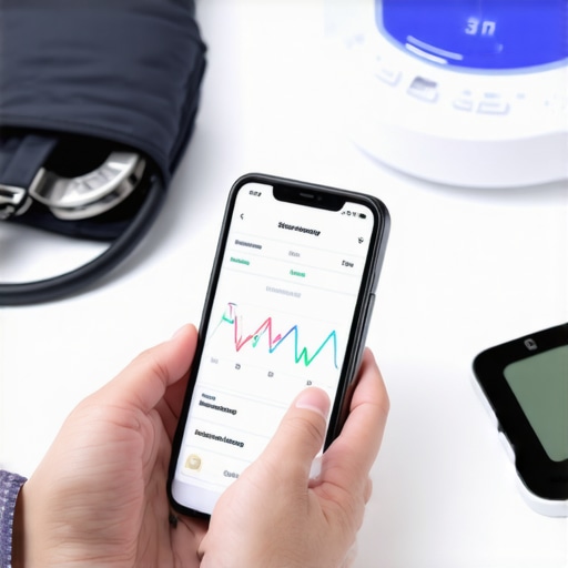 Person monitoring health data on a mobile device with medical tools around