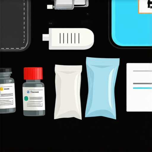 A neatly packed travel kit containing tirzepatide medication, labels, and documentation for airport security