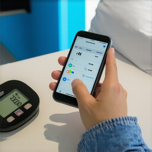 Person tracking health data on smartphone with glucometer and digital scale
