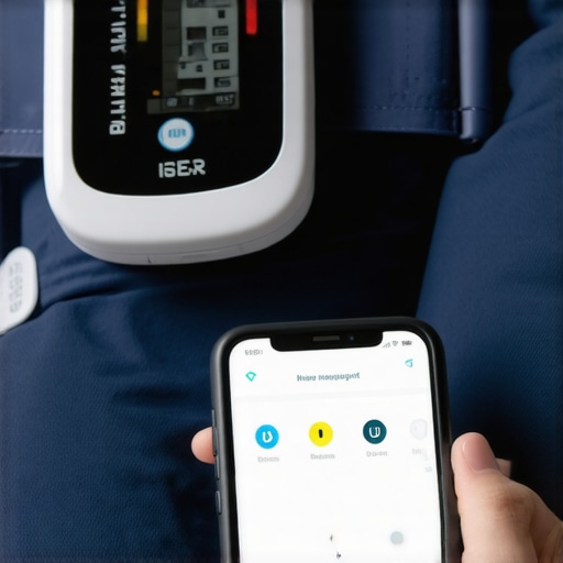 Person measuring blood pressure with a monitor and reviewing health data on a smartphone, emphasizing tools for safe weight loss with tirzepatide.