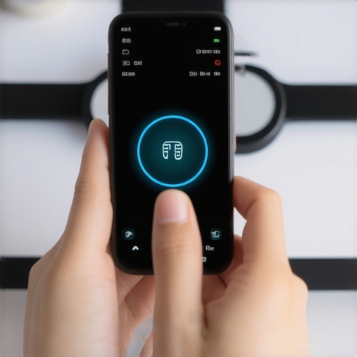Person tracking health data on smartphone with smart scale in background.