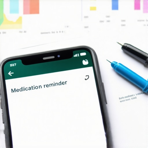 Smartphone screen showing medication reminder app with health charts