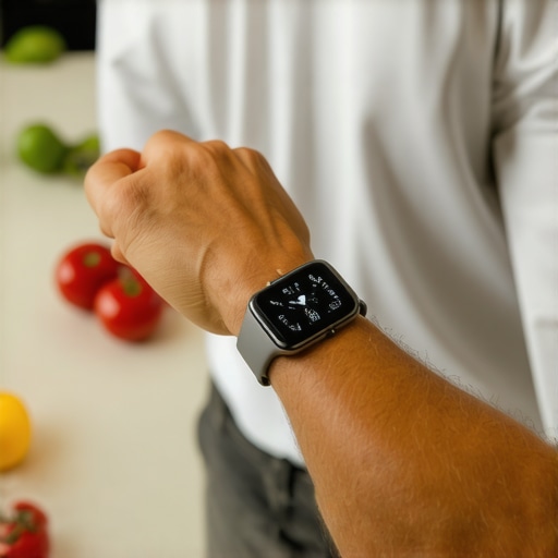 Using Technology for Weight Loss Maintenance A person tracking their activity and meal with digital devices and healthy food