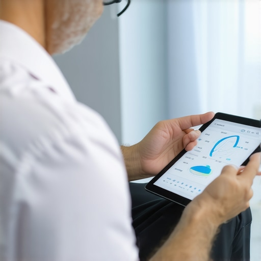 Patient and doctor discussing health data using wearable device and tablet.