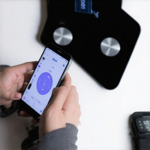 Person monitoring health data on smartphone with fitness tools around.