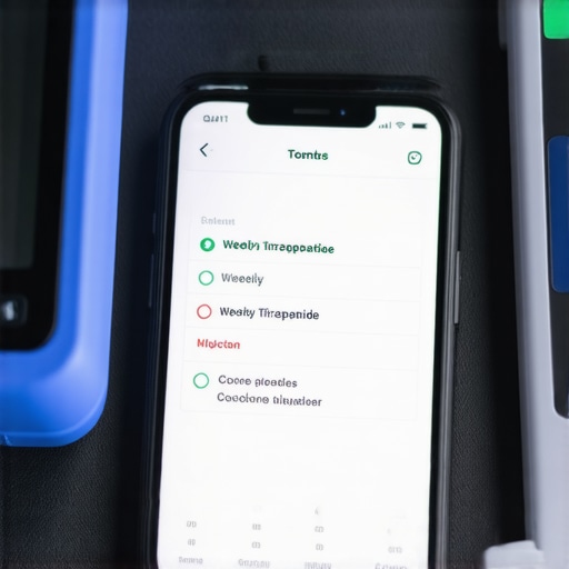 Smartphone screen showing medication schedule with medical devices in the background.
