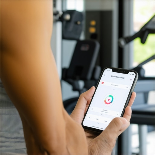 Using Technology to Support Tirzepatide Results Person monitoring fitness data on a smartphone app while in gym.