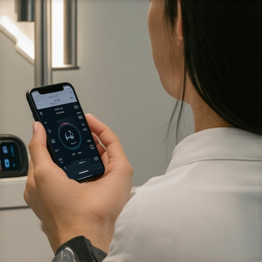 Person checking health metrics on a smartphone with a fitness tracker on wrist