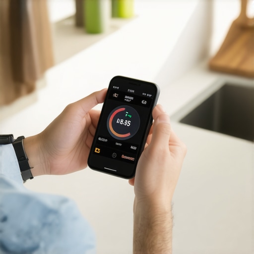 Person reviewing health data on smartphone and smartwatch in a kitchen.