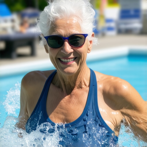 Older woman participating in water aerobics outdoors in New Jersey