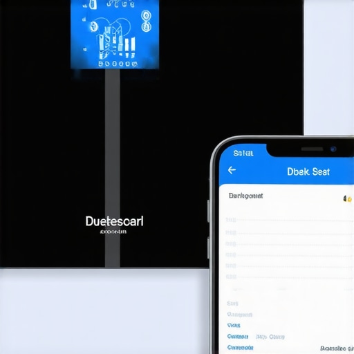 Close-up of a digital weight scale connected to a smartphone displaying health metrics