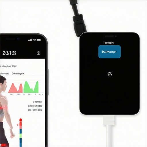 Person using a smartphone to track data from a modern bio-impedance scale for weight management.