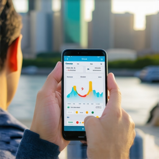 Person using a smartphone app to monitor health metrics with New Jersey skyline in background.