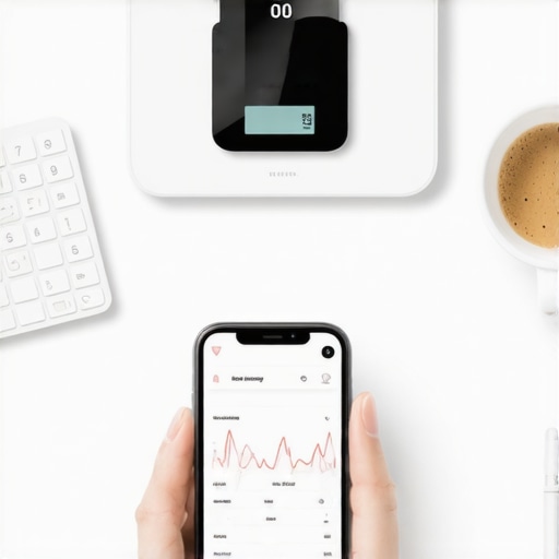 Person using smartphone and health gadgets to monitor weight loss progress.