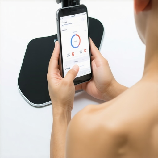 Person measuring weight with a Bluetooth scale and tracking progress on a smartphone app.