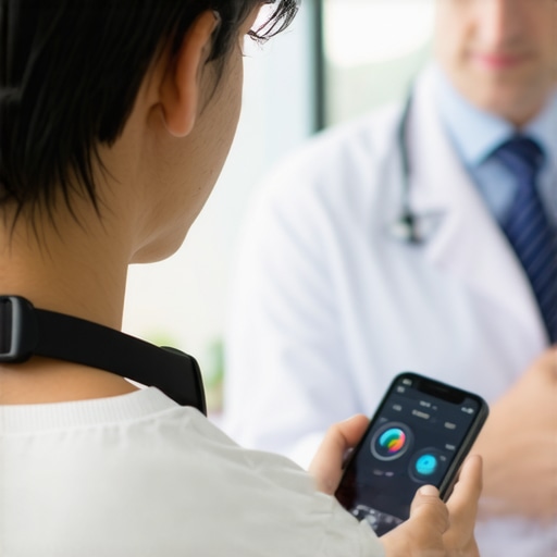 Person tracking their health using a fitness device and app, with medical consultation in the background.