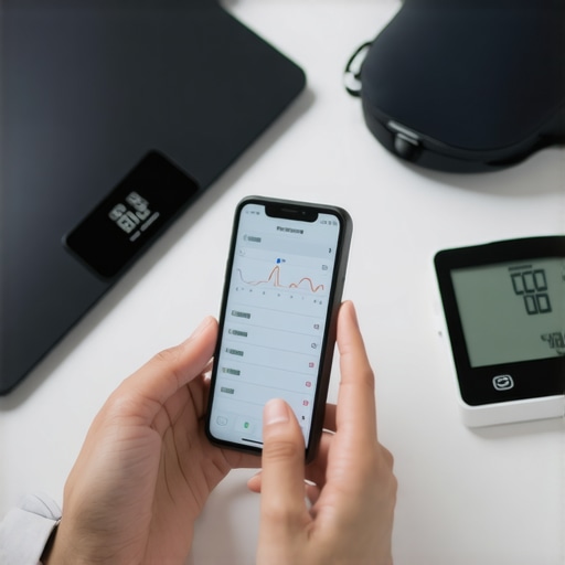 Digital tools for weight management with tirzepatide Person monitoring health metrics with a smartphone, smart scale, and blood pressure monitor on a desk