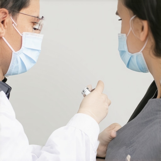 A healthcare professional demonstrating injection technique to a patient in a clinic.
