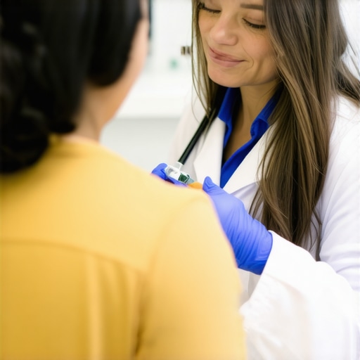 Medical professional demonstrating tirzepatide injection technique to a patient in a clinical environment