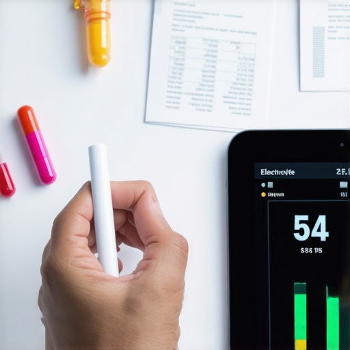 Person using a digital health monitor for electrolyte levels with supplements nearby.