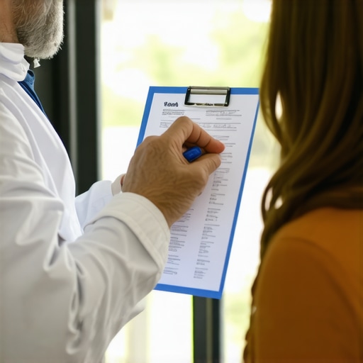 Doctor discussing medication dosage with a patient in a medical clinic in New Jersey.