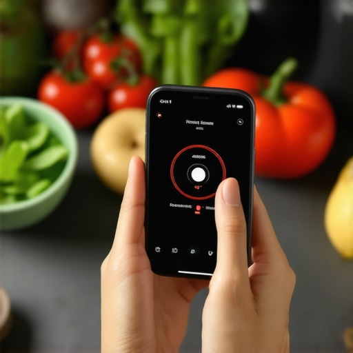 Person checking fitness app on smartphone surrounded by healthy food and workout gear