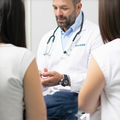 Doctor explaining tirzepatide injection procedures to a patient in a clinic.