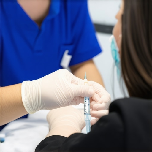 Healthcare provider instructing a patient on how to correctly administer a tirzepatide injection